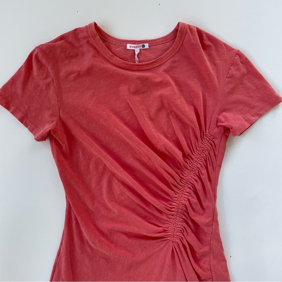Anthropologie SUNDRY Women's Peachy Orange Ruched T-shirt Dress Mini MEDIUM NWT - Picture 4 of 8